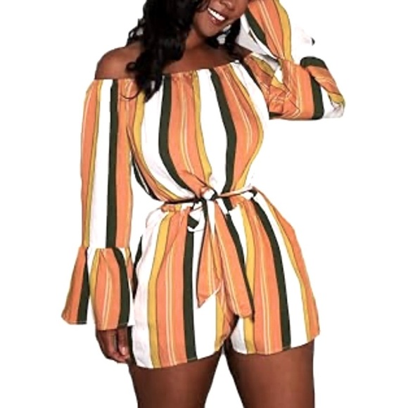 & Merci Striped Off-Shoulder Romper Jumper Size S Muted Orange Gold Playsuit Fun - Picture 2 of 12